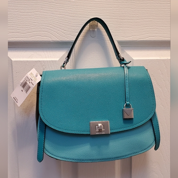Michael Kors Large Satchel Turquoise Aqua Black Colorblock - BNWT 💙 - Picture 2 of 7